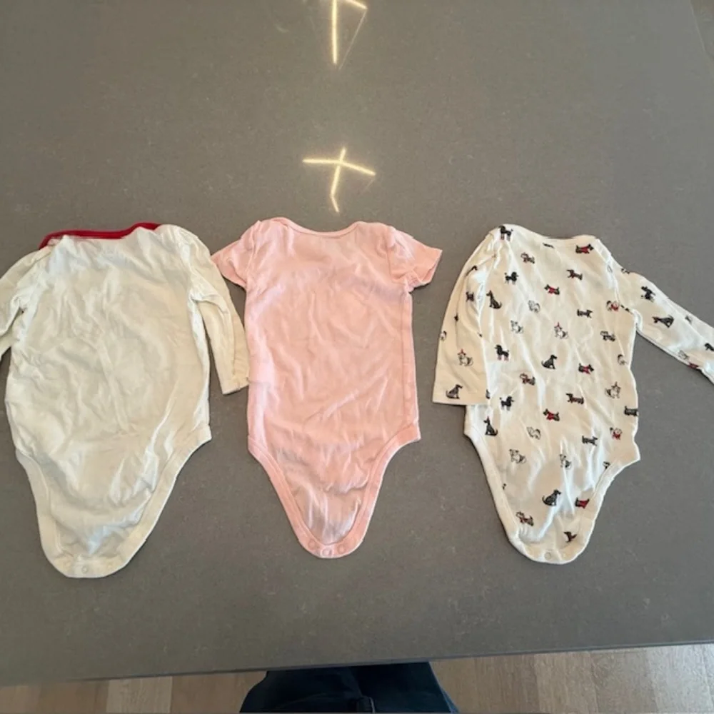3 Barely Worn 6-12M Baby Girl Onesies Minnie, Bunny, Dogs (2 Gap, 1 Joe Fresh)